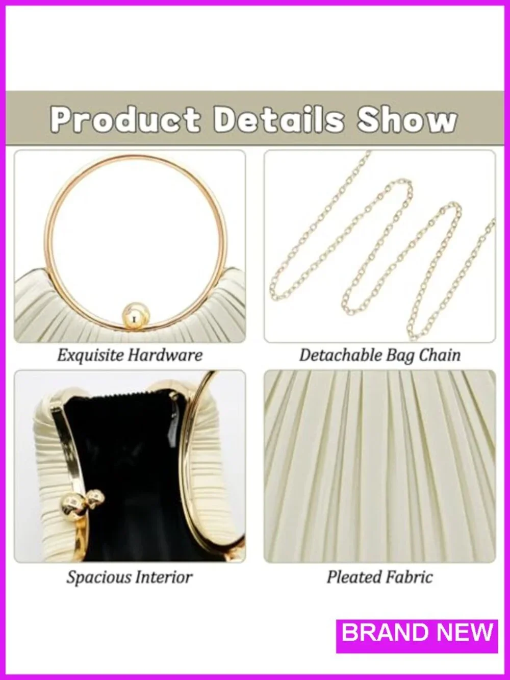 Elegant Women's Evening Clutch Purse with Removable Chain - Silk-Like Pleated